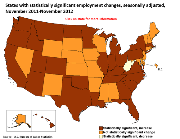 States with statistically significant employment changes, seasonally adjusted, November 2011-November 2012