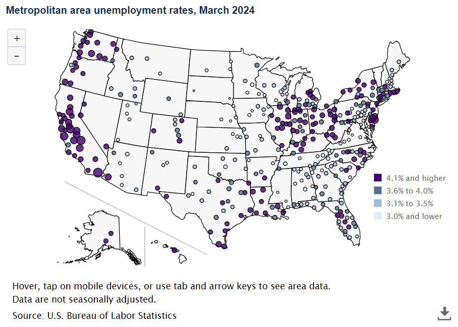 A data chart image of 77 metro areas had unemployment rates lower than 3 percent in March