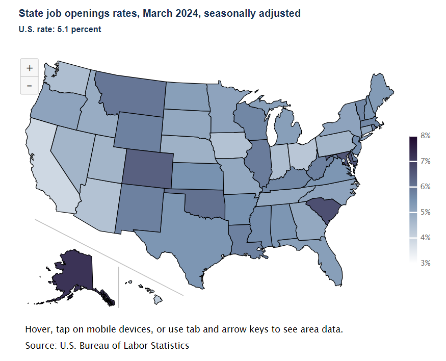 A data chart image of Job openings rates down in 9 states in March 2024