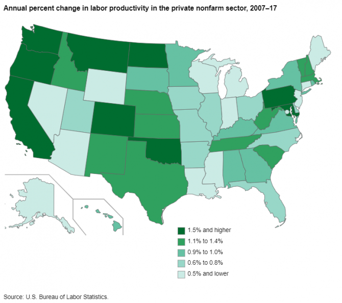 U.S. map showing productivity growth in the private nonfarm sector in each state from 2007 to 2017