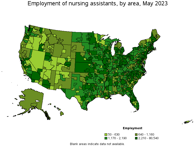 Map of employment of nursing assistants by area, May 2023