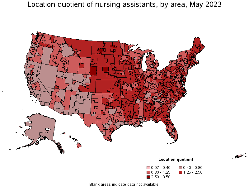 Map of location quotient of nursing assistants by area, May 2023