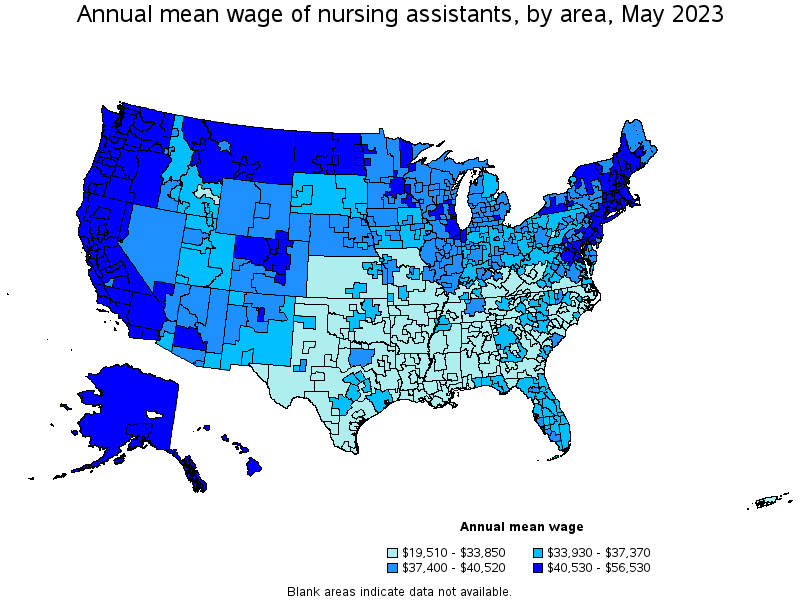 Map of annual mean wages of nursing assistants by area, May 2023