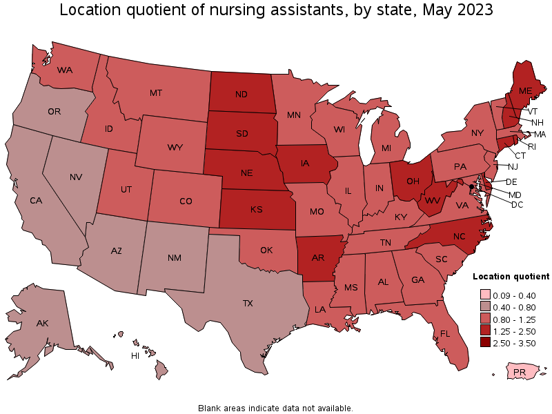 Map of location quotient of nursing assistants by state, May 2023