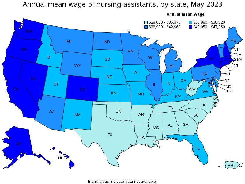 Map of annual mean wages of nursing assistants by state, May 2023