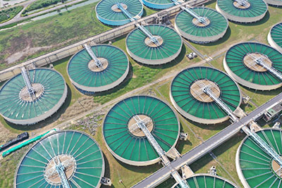An aerial view of a drinking water treatment plant.
