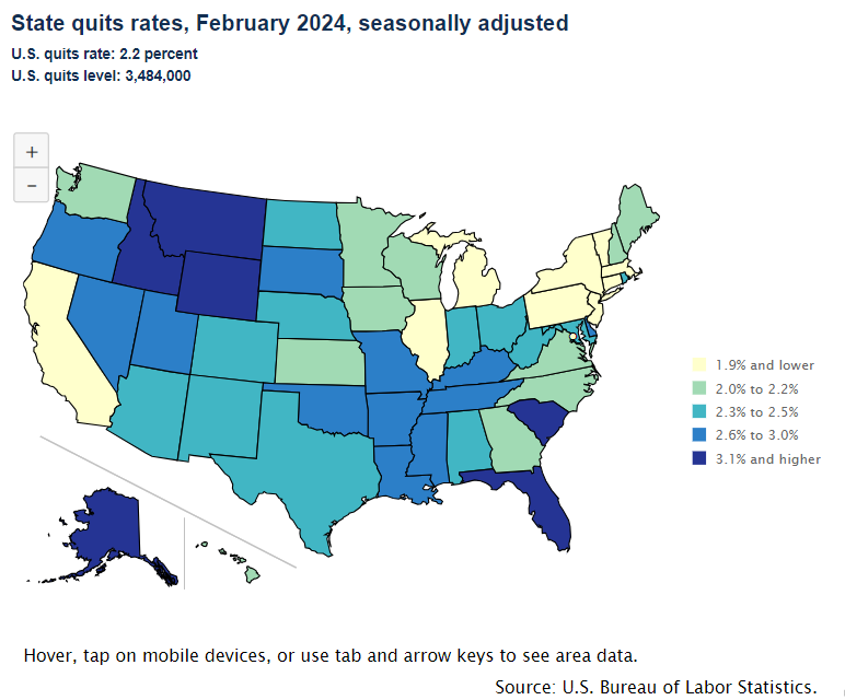 A data chart image of Quits rates were above 3.0 percent in 6 states in February 2024