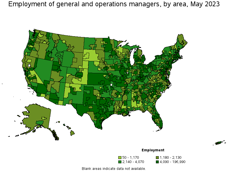 Map of employment of general and operations managers by area, May 2023