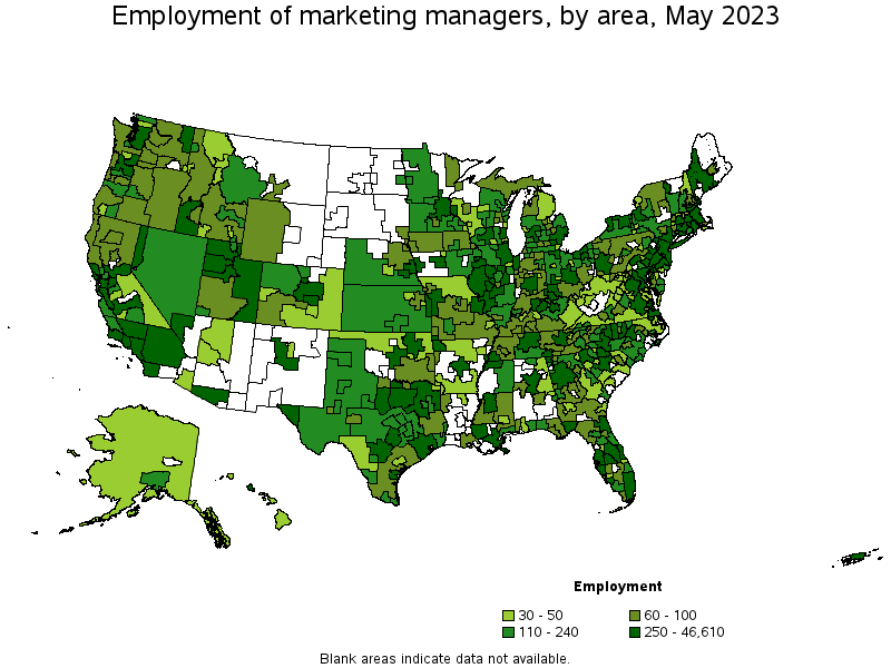 Map of employment of marketing managers by area, May 2023