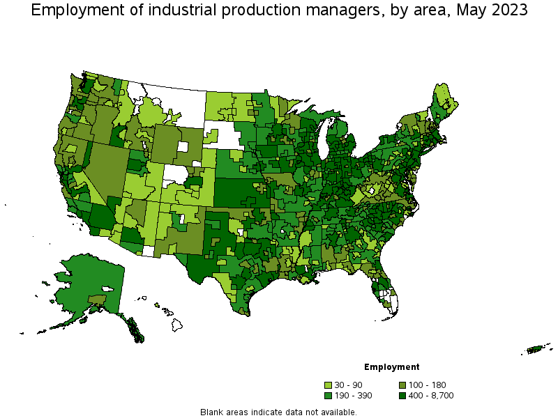 Map of employment of industrial production managers by area, May 2023