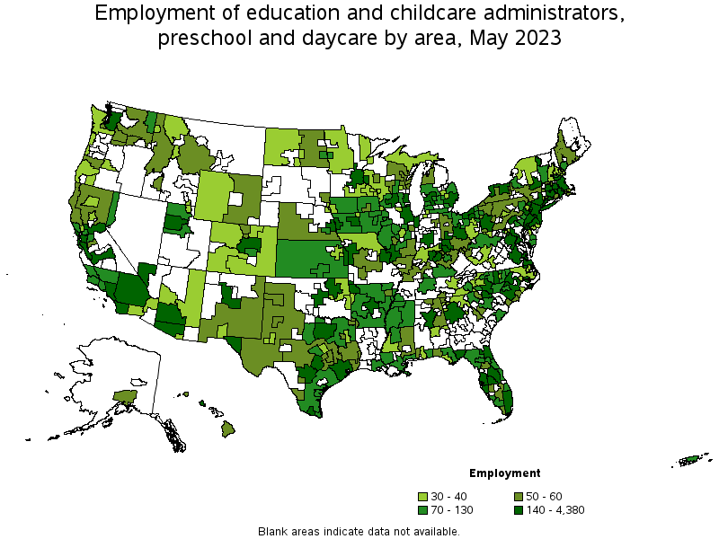 Map of employment of education and childcare administrators, preschool and daycare by area, May 2023