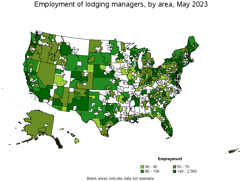 Map of employment of lodging managers by area, May 2023