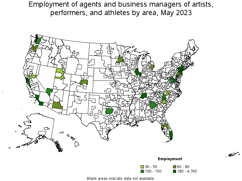 Map of employment of agents and business managers of artists, performers, and athletes by area, May 2023