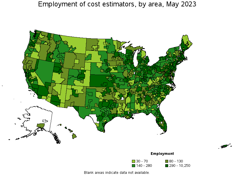 Map of employment of cost estimators by area, May 2023