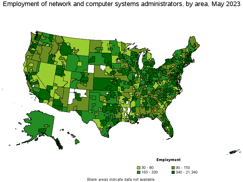 Map of employment of network and computer systems administrators by area, May 2023