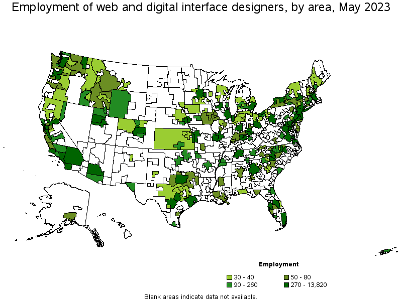Map of employment of web and digital interface designers by area, May 2023