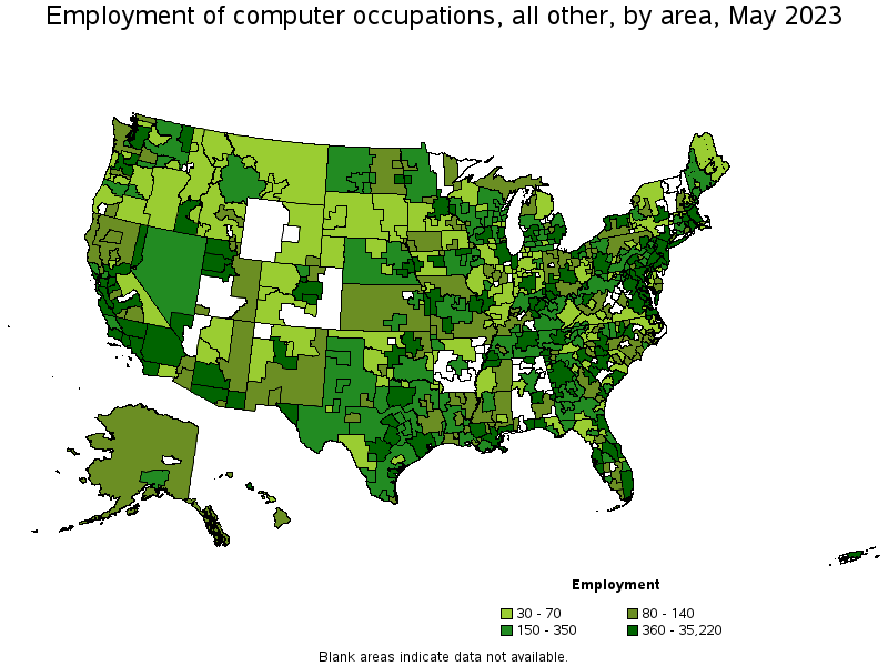 Map of employment of computer occupations, all other by area, May 2023