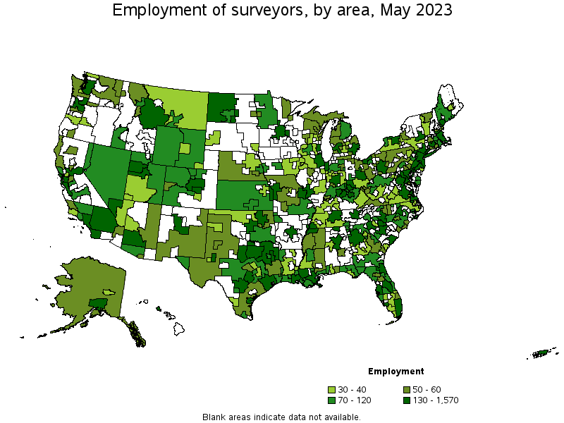 Map of employment of surveyors by area, May 2023