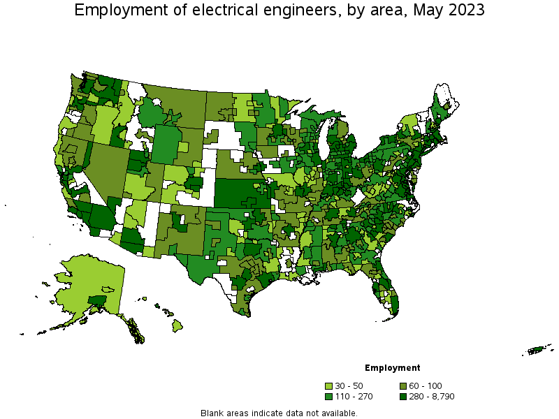 Map of employment of electrical engineers by area, May 2023