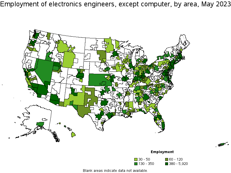 Map of employment of electronics engineers, except computer by area, May 2023