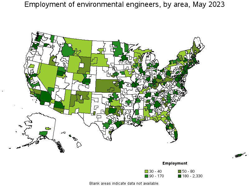 Map of employment of environmental engineers by area, May 2023