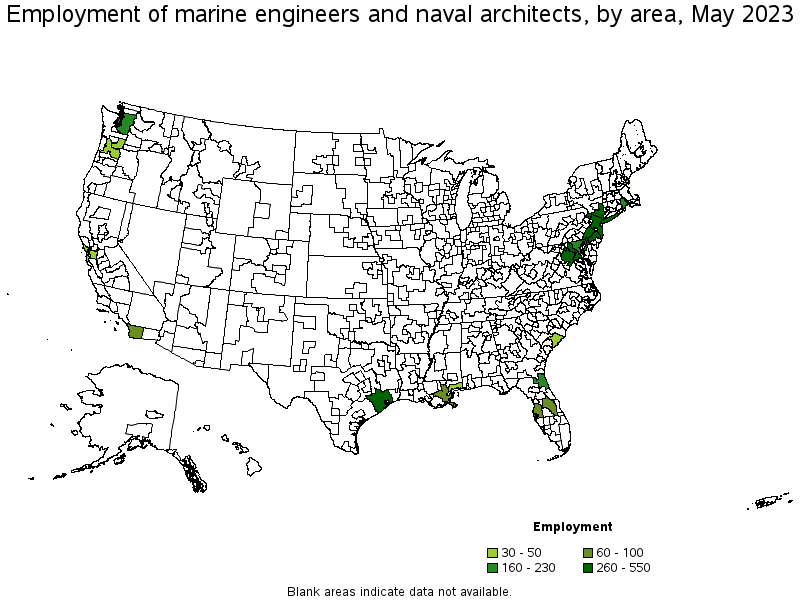 Map of employment of marine engineers and naval architects by area, May 2023