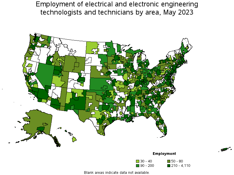 Map of employment of electrical and electronic engineering technologists and technicians by area, May 2023
