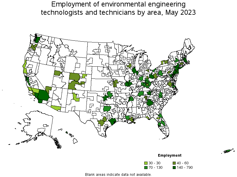Map of employment of environmental engineering technologists and technicians by area, May 2023