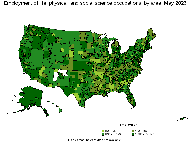 Map of employment of life, physical, and social science occupations by area, May 2023