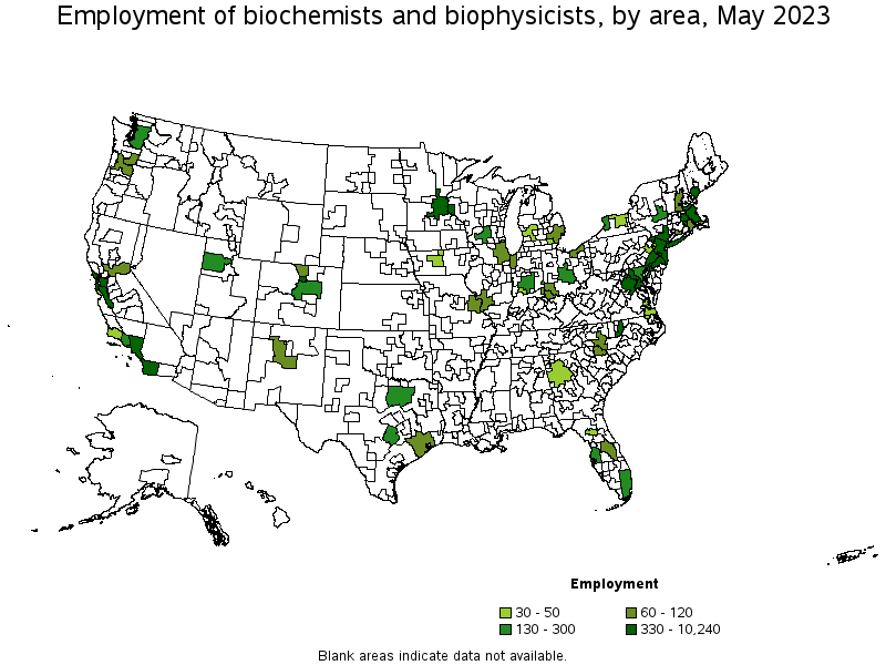 Map of employment of biochemists and biophysicists by area, May 2023
