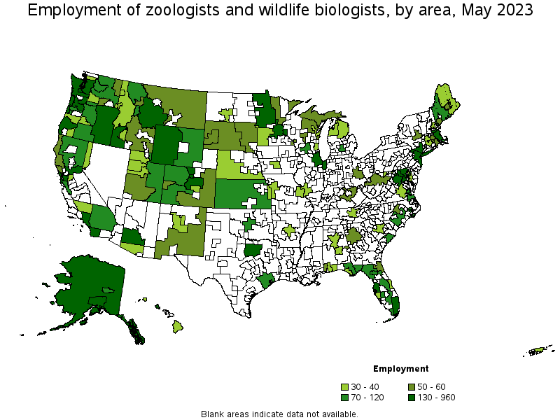 Map of employment of zoologists and wildlife biologists by area, May 2023