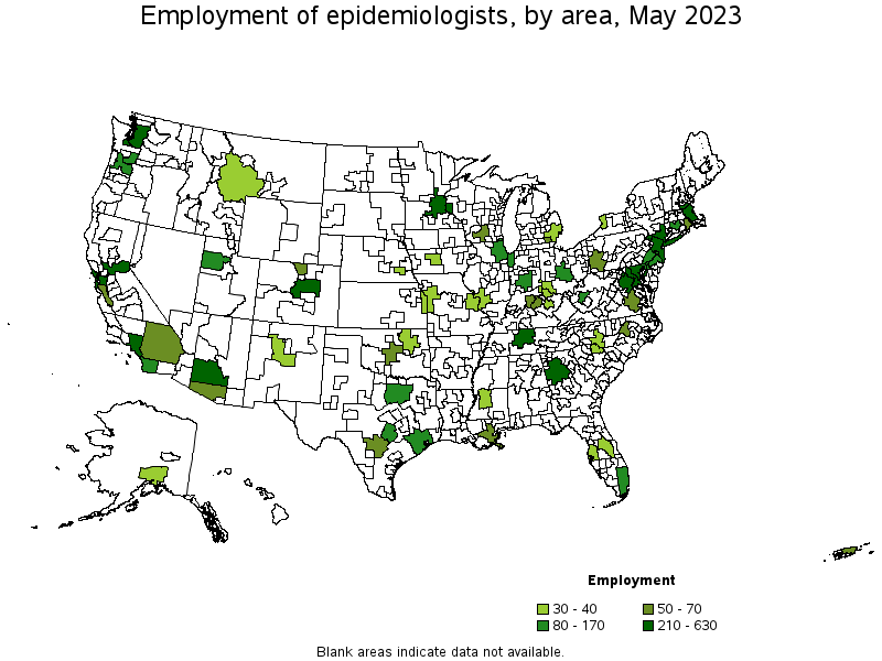 Map of employment of epidemiologists by area, May 2023