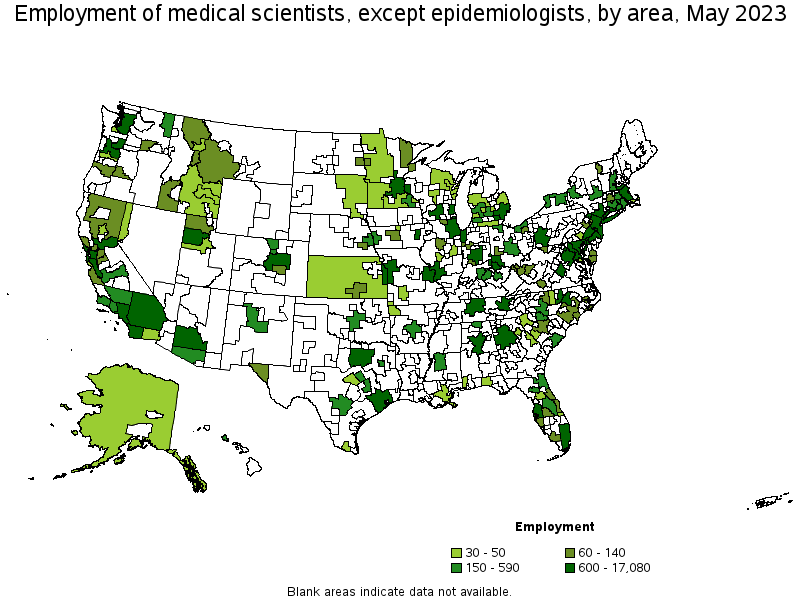 Map of employment of medical scientists, except epidemiologists by area, May 2023