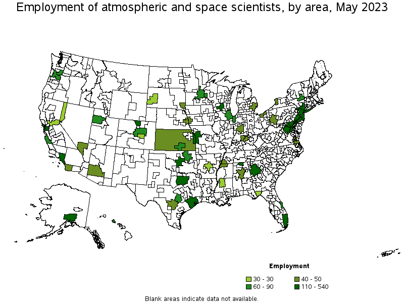 Map of employment of atmospheric and space scientists by area, May 2023