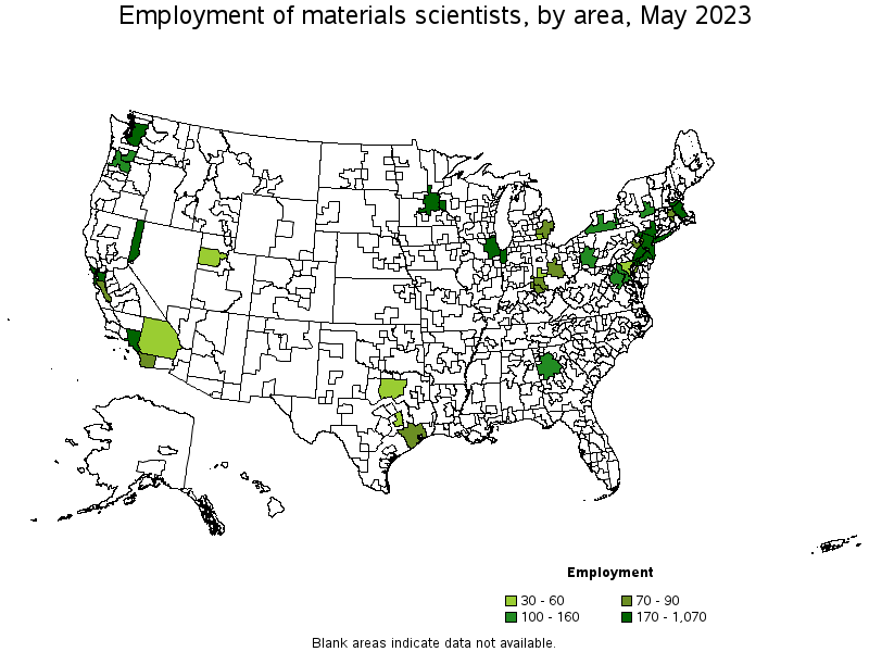Map of employment of materials scientists by area, May 2023