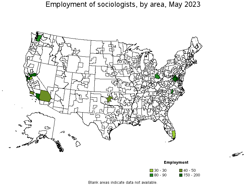 Map of employment of sociologists by area, May 2023