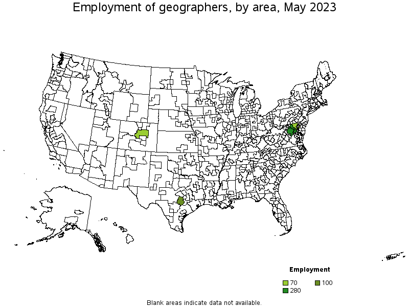 Map of employment of geographers by area, May 2023