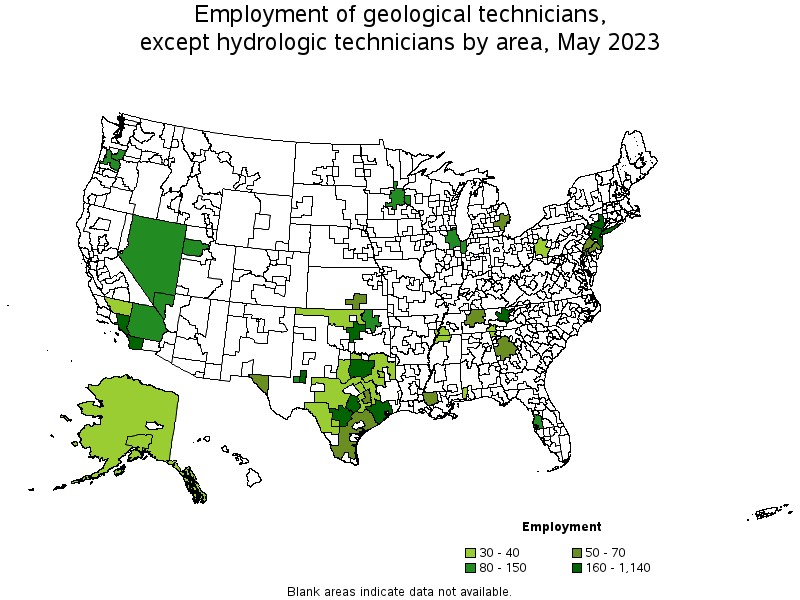 Map of employment of geological technicians, except hydrologic technicians by area, May 2023