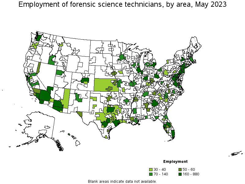 Map of employment of forensic science technicians by area, May 2023