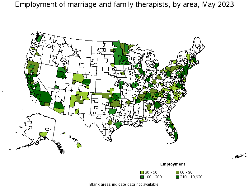 Map of employment of marriage and family therapists by area, May 2023