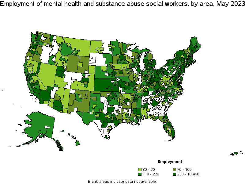 Map of employment of mental health and substance abuse social workers by area, May 2023