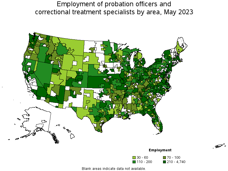 Map of employment of probation officers and correctional treatment specialists by area, May 2023