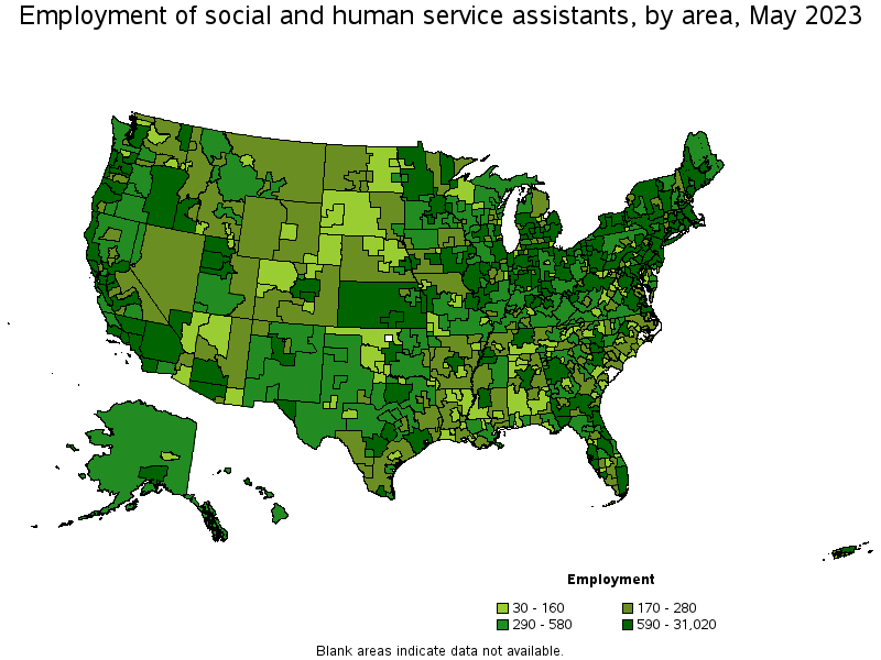 Map of employment of social and human service assistants by area, May 2023