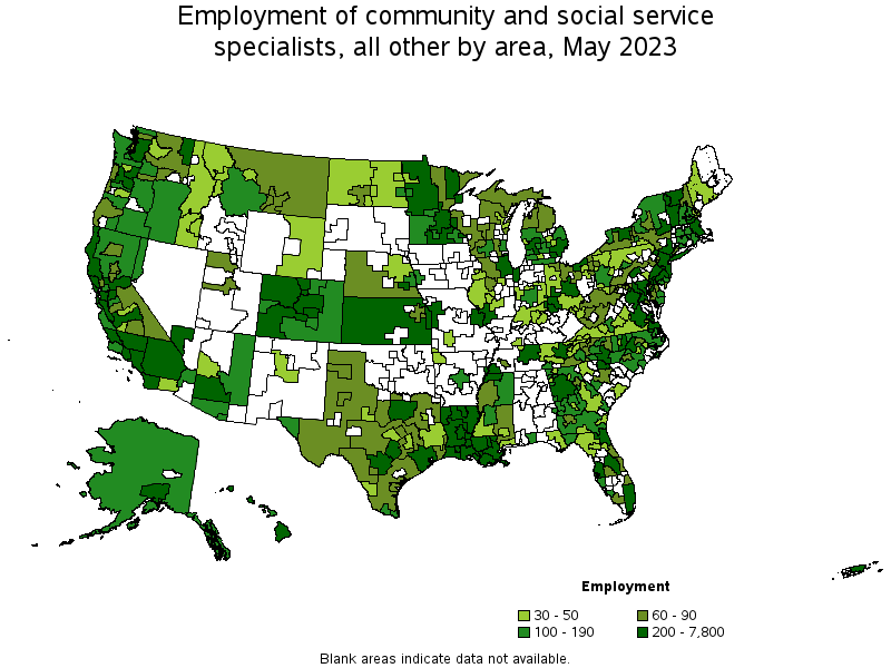Map of employment of community and social service specialists, all other by area, May 2023
