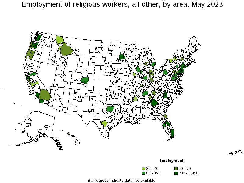 Map of employment of religious workers, all other by area, May 2023