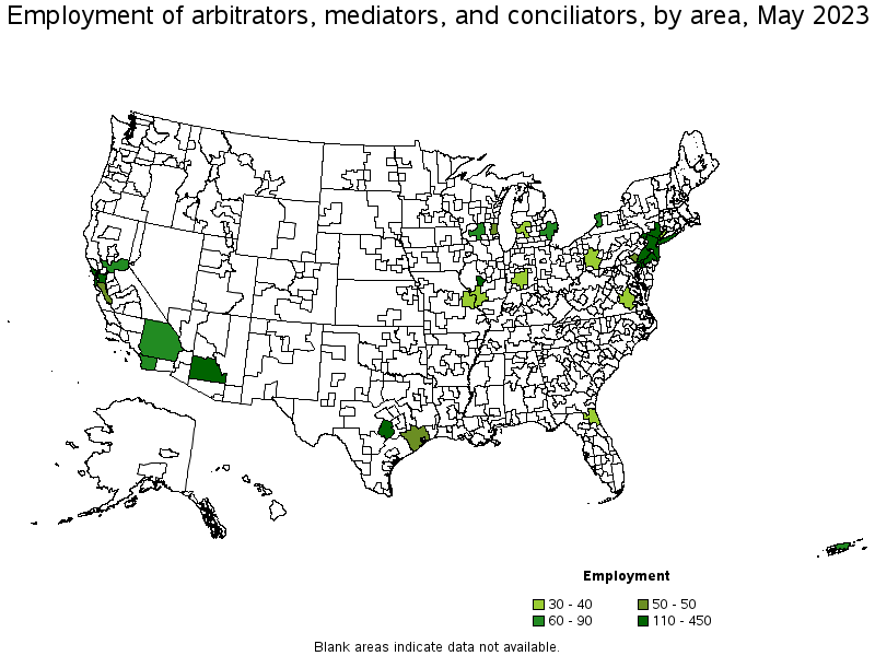 Map of employment of arbitrators, mediators, and conciliators by area, May 2023