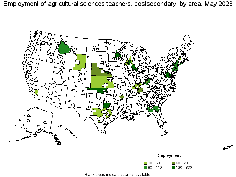 Map of employment of agricultural sciences teachers, postsecondary by area, May 2023