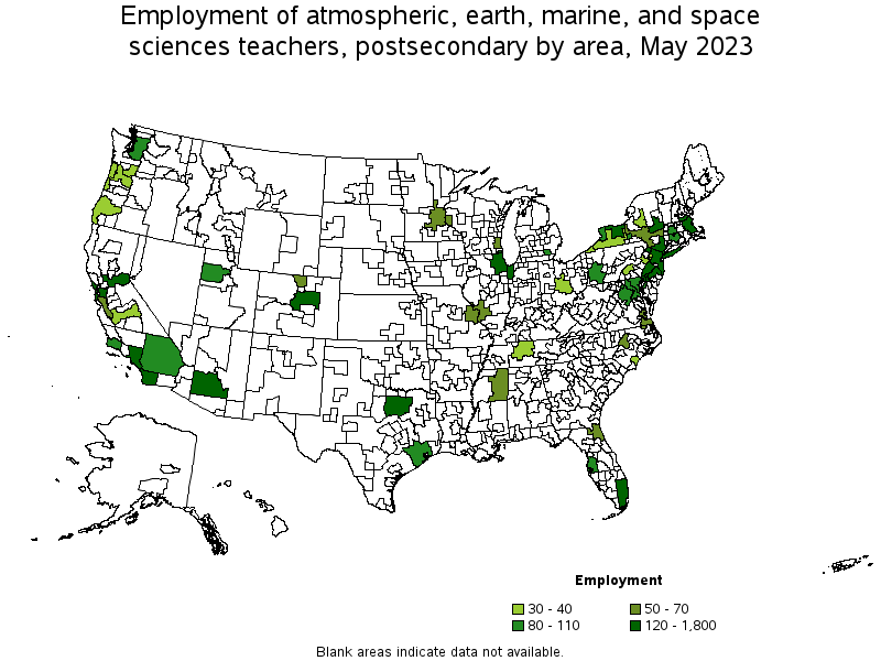 Map of employment of atmospheric, earth, marine, and space sciences teachers, postsecondary by area, May 2023