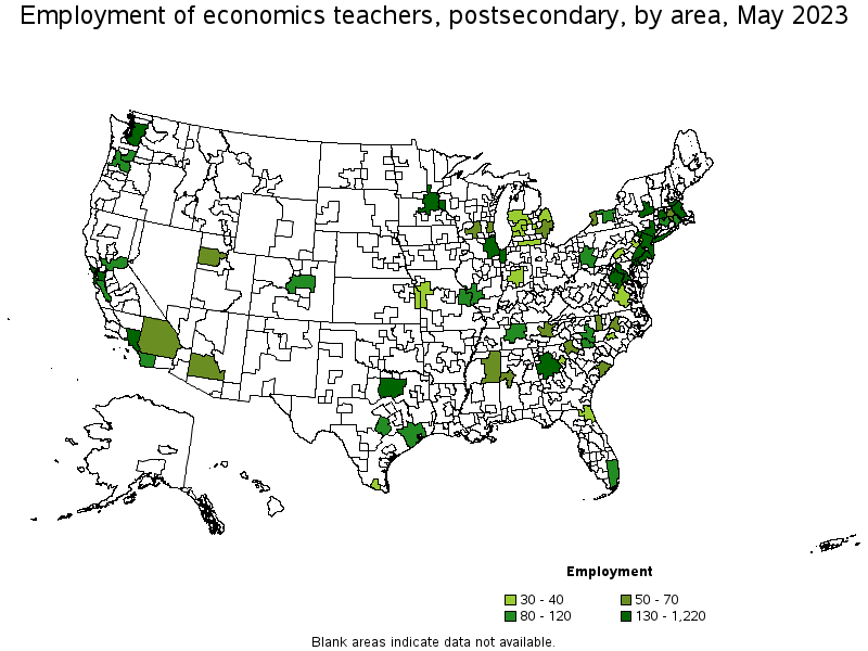 Map of employment of economics teachers, postsecondary by area, May 2023