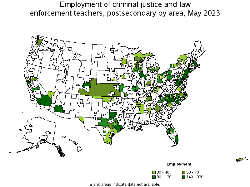 Map of employment of criminal justice and law enforcement teachers, postsecondary by area, May 2023